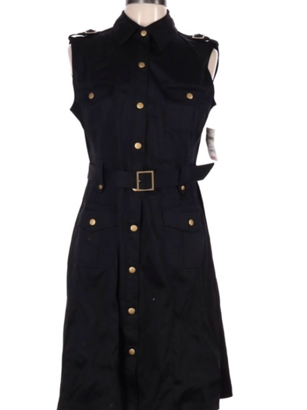 Anne Klein Black Sleeveless Shirt Dress with Gold Accents